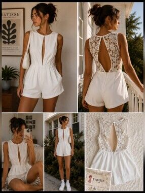 L’ATISTE White Lace Back Keyhole Romper Size S